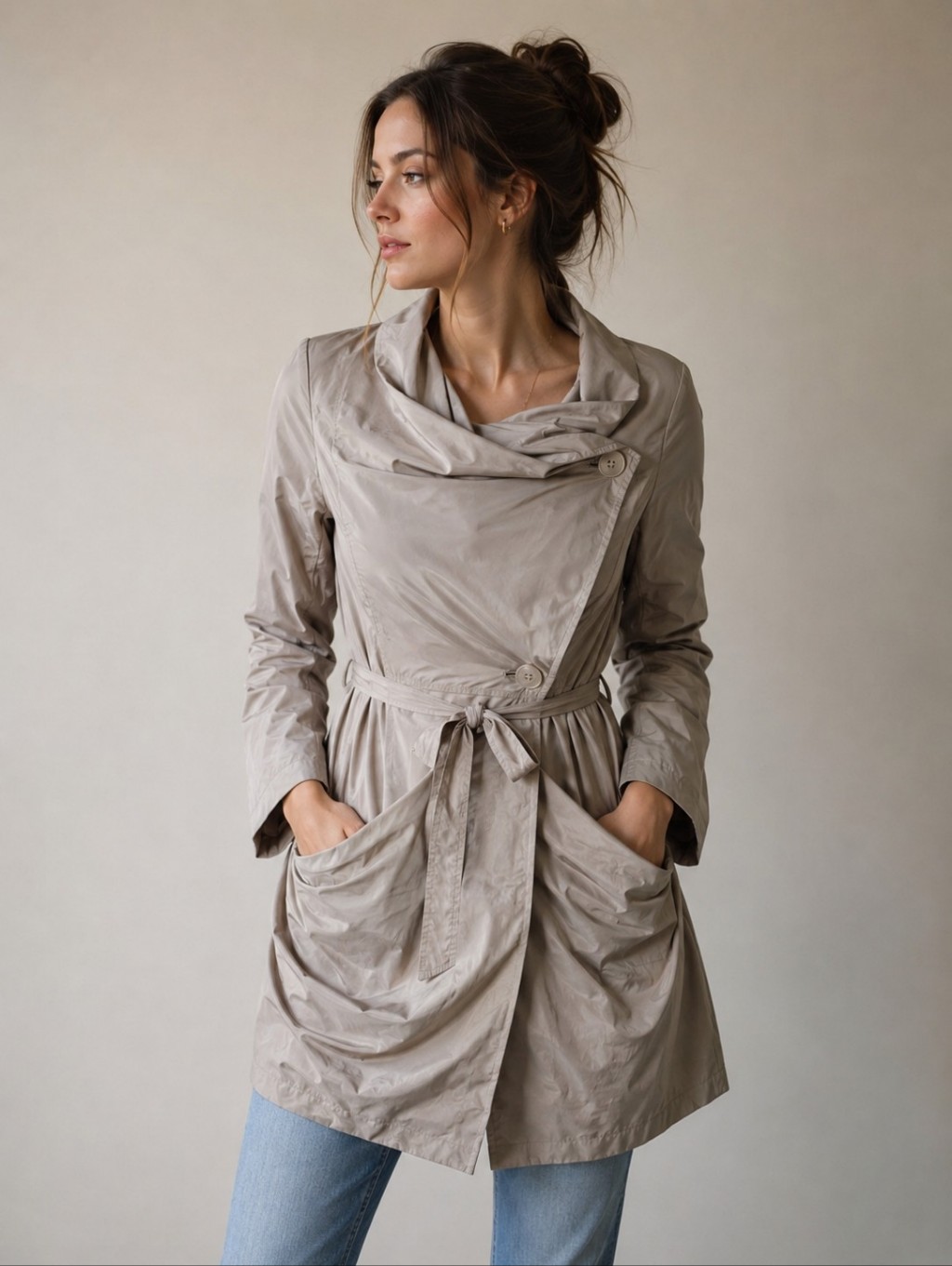 Rudsak Tan Nylon Trench Jacket Xs Belted Draped Pocket Oversized Collar Coat